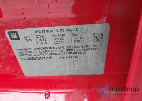 2017 Chevrolet Sonic Lt из США, поврежденный, VIN 1G1JD5SH7H4125115